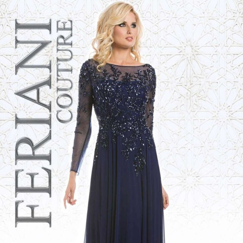 Feriani Couture - long sleeve dress Bead Embellished Illusion Bateau Gown 18w